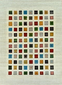 Handmade Contemporary Tribal Wool Rug in Ivory and Multicolor Geometric Design
