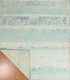 Handmade Contemporary Vintage-Style Wool Rug in Ivory and Soft Aqua Blue