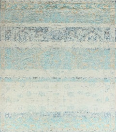 Handmade Contemporary Vintage-Style Wool Rug in Ivory and Soft Aqua Blue