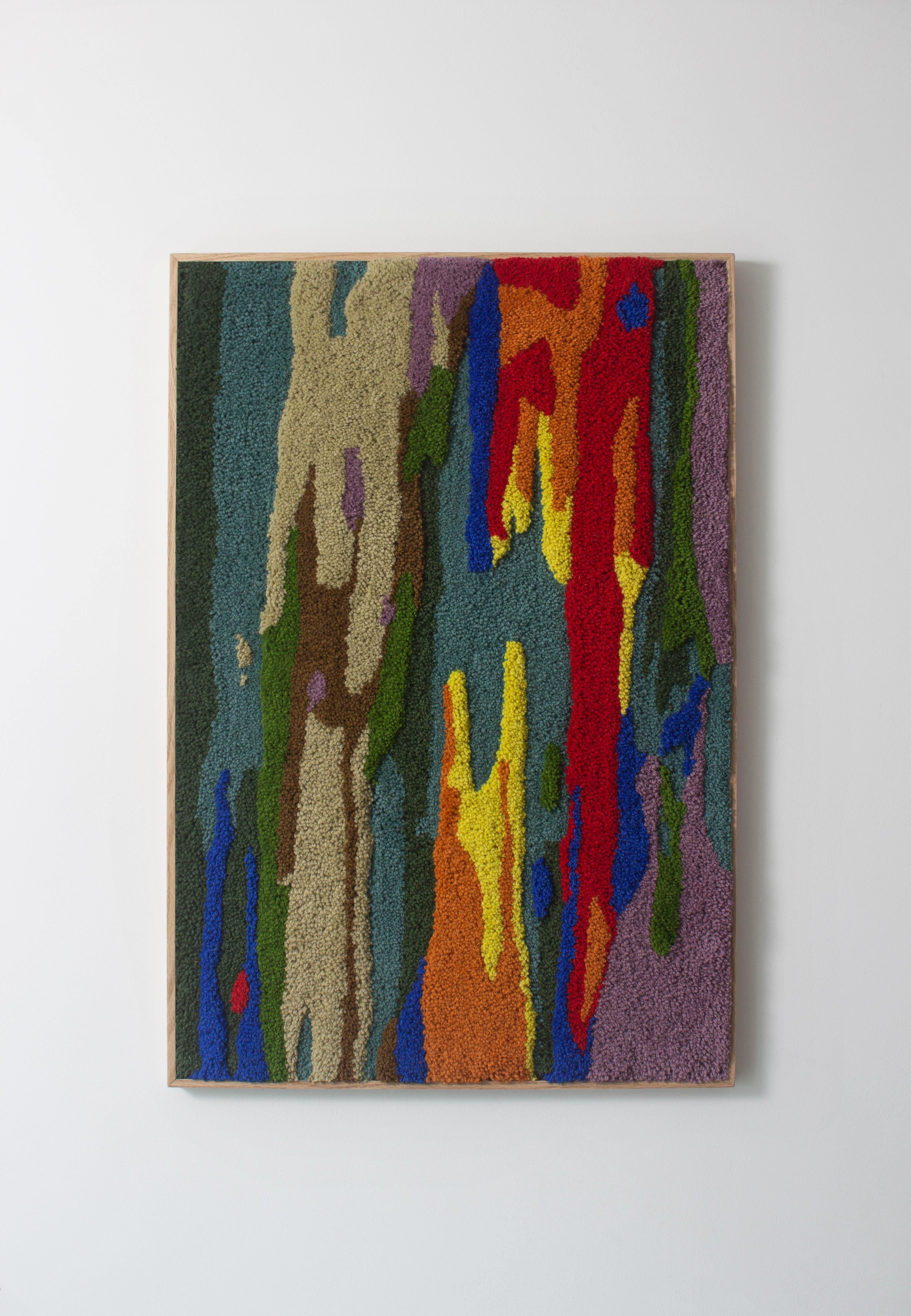 Inspired by nature, Abstract Rainbow Landscape is a one of a kind artwork and a representation of happy moments of life. Handmade with 100% Portuguese wool yarn, using tufting gun and carving techniques. The oak frame is produced by the studio. It