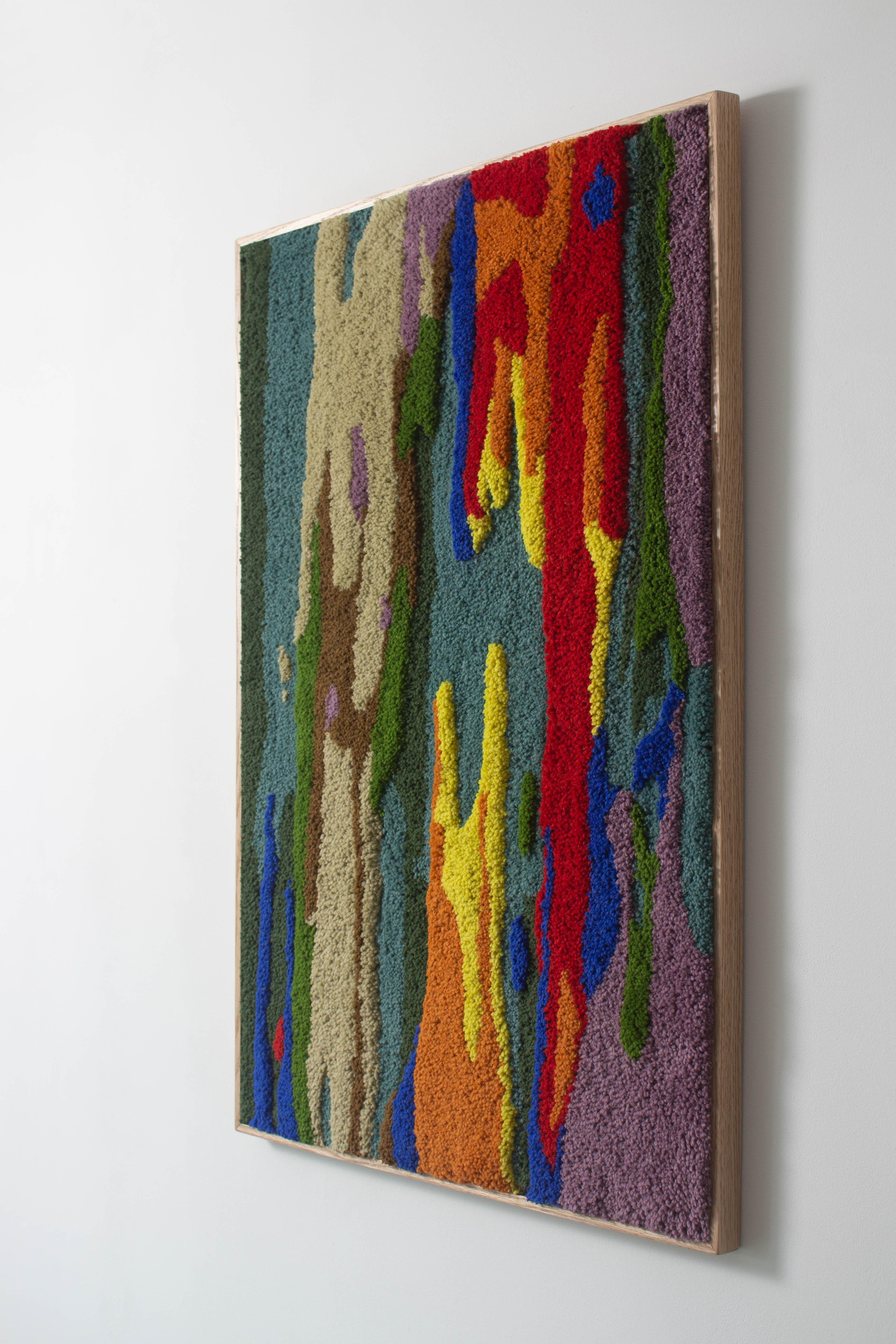Portuguese Handmade Contemporary Wool Wall Tapestry, Abstract Rainbow Landscape, oak frame For Sale