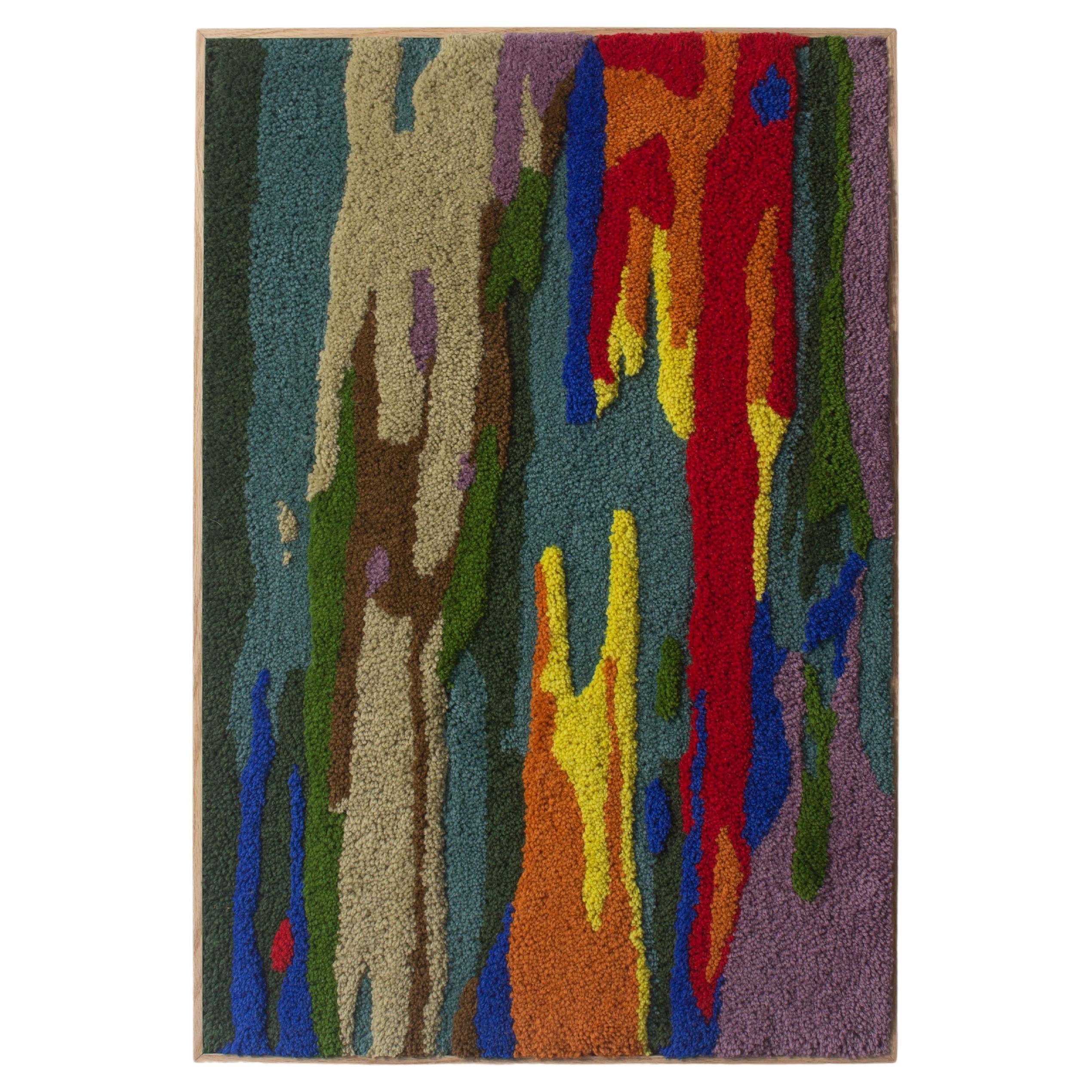 Handgefertigter zeitgenössischer Wandteppich aus Wolle, abstrakte Regenbogen-Landschaft, Eichenholzrahmen