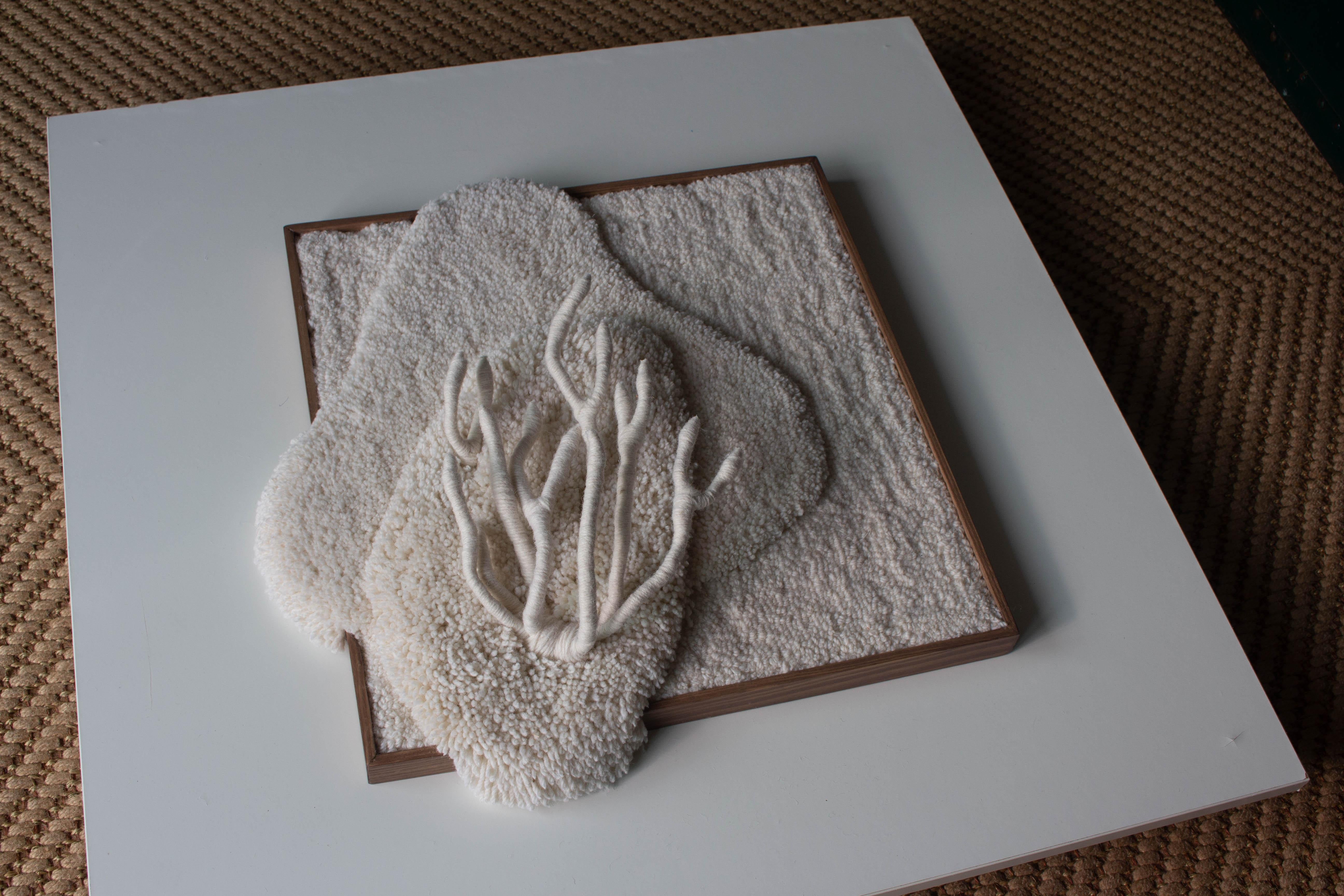 Portuguese Handmade Contemporary White Wool Wall Tapestry with textile coral sculpture