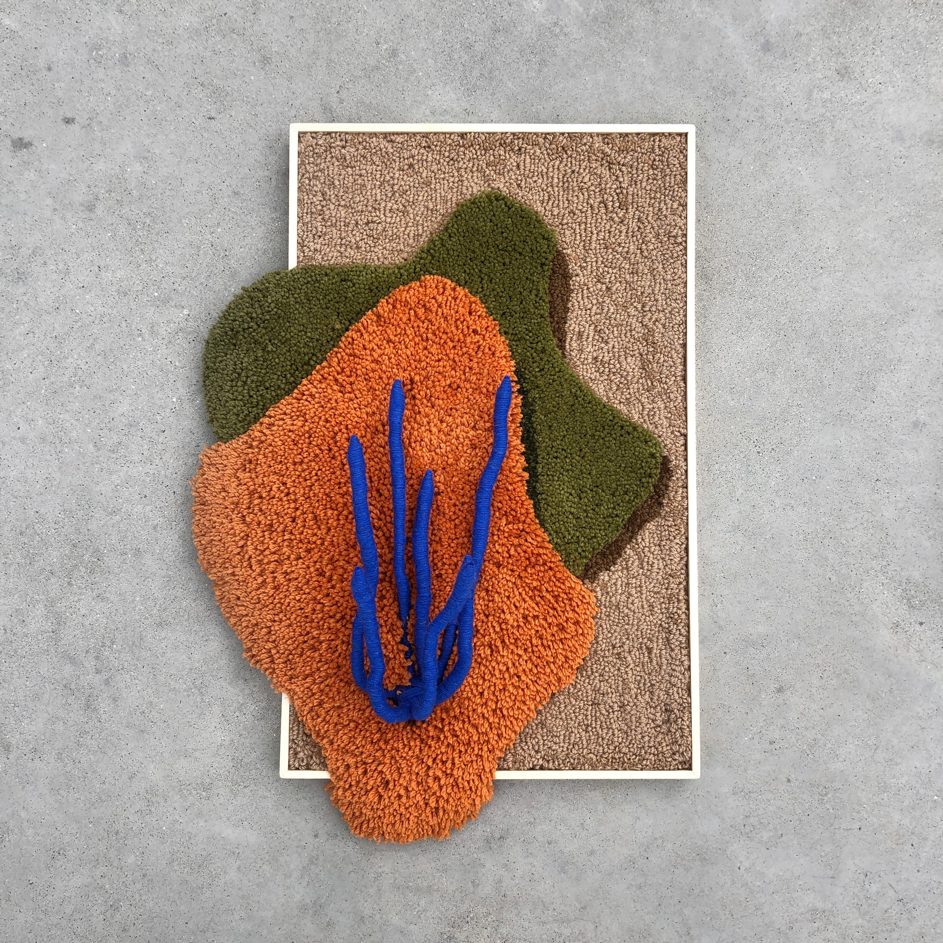 ANTHOZOA AZUL Tapestry is handmade with 100% Portuguese wool yarn, using tufting gun, carving and textile sculpture techniques. It has a 3D sculpture element and the pine frame, as part of the composition, is designed and produced by the studio.