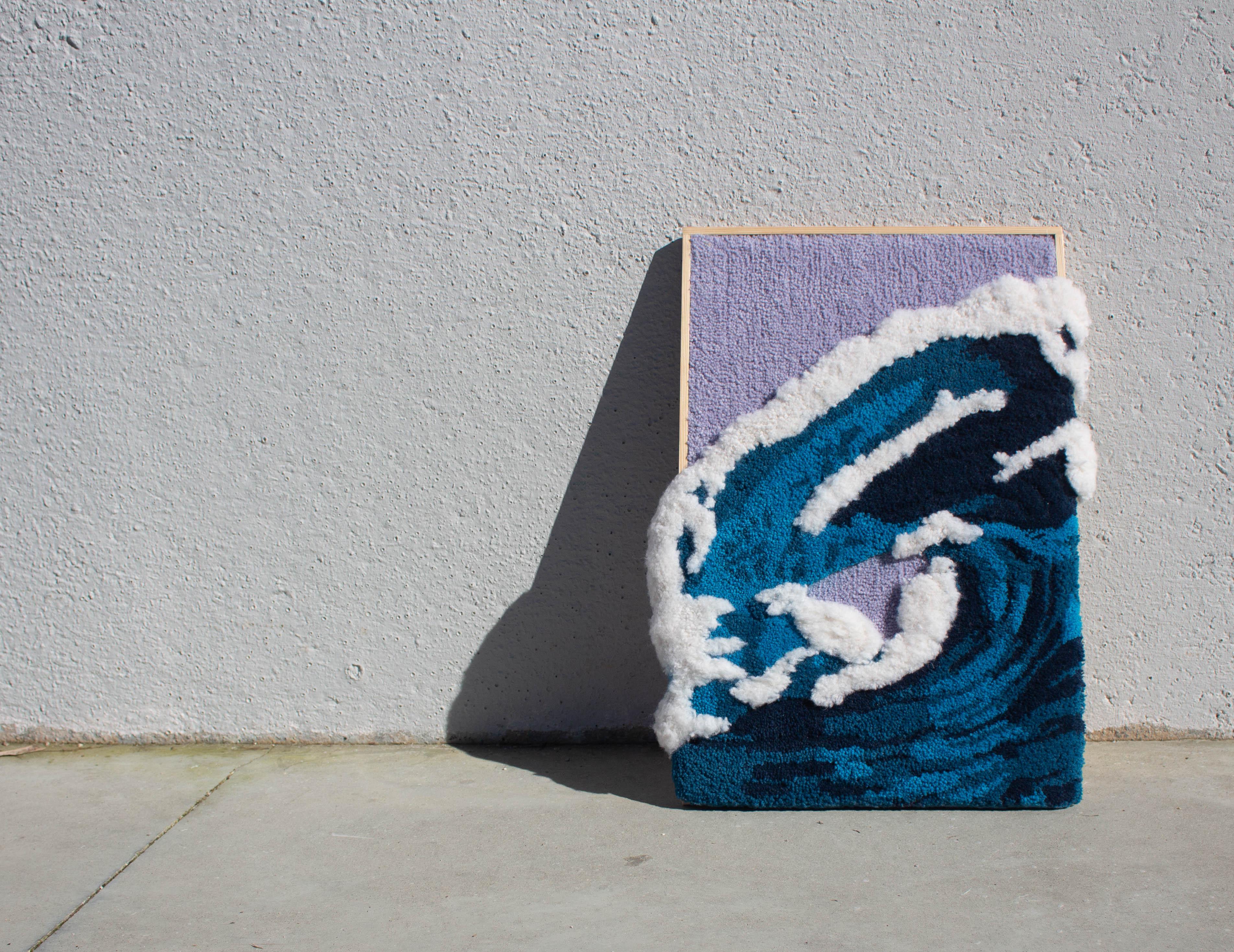 SEAMOTION Tapestry is handmade with 100% Portuguese wool yarn with anti-moth treatment, using tufting gun, carving and embroidery techniques, on a pine frame designed and produced by the studio. This artwork is Inspired by the sea of beautiful