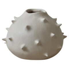 Handmade Modern White Matte Rounded Sculptural Ceramic Vase with Spikes