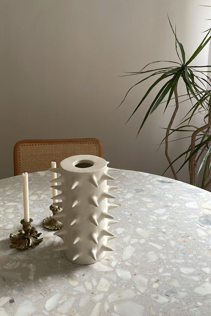 Modern Handmade Spikes Tall White Ceramic Vase IV For Sale