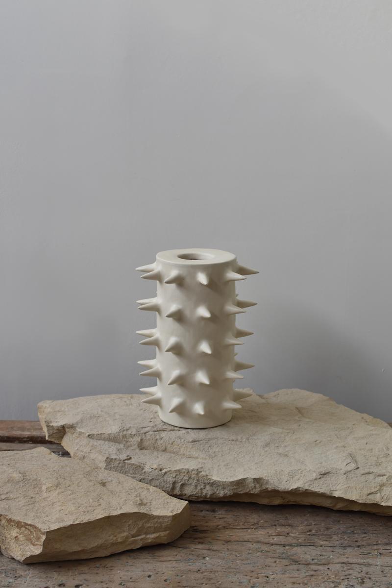 Hand-Crafted Handmade Spikes Tall White Ceramic Vase IV For Sale