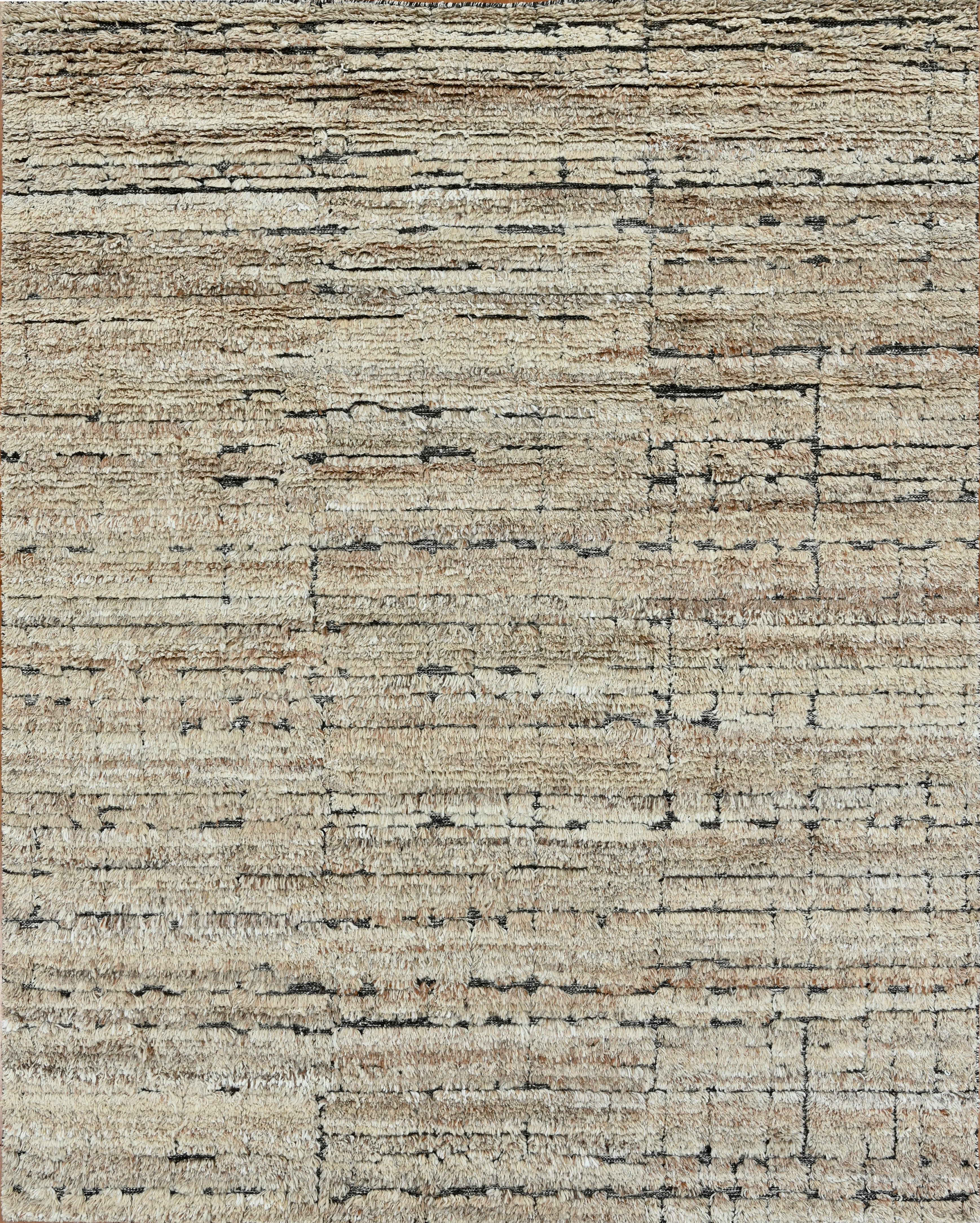 Handmade Contemporary Wool Rug in Camel Beige with Black Abstract Linear Texture