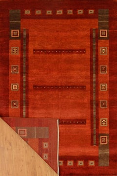 Handmade Contemporary Wool Rug in Deep Rust Red with Geometric Tribal Motifs