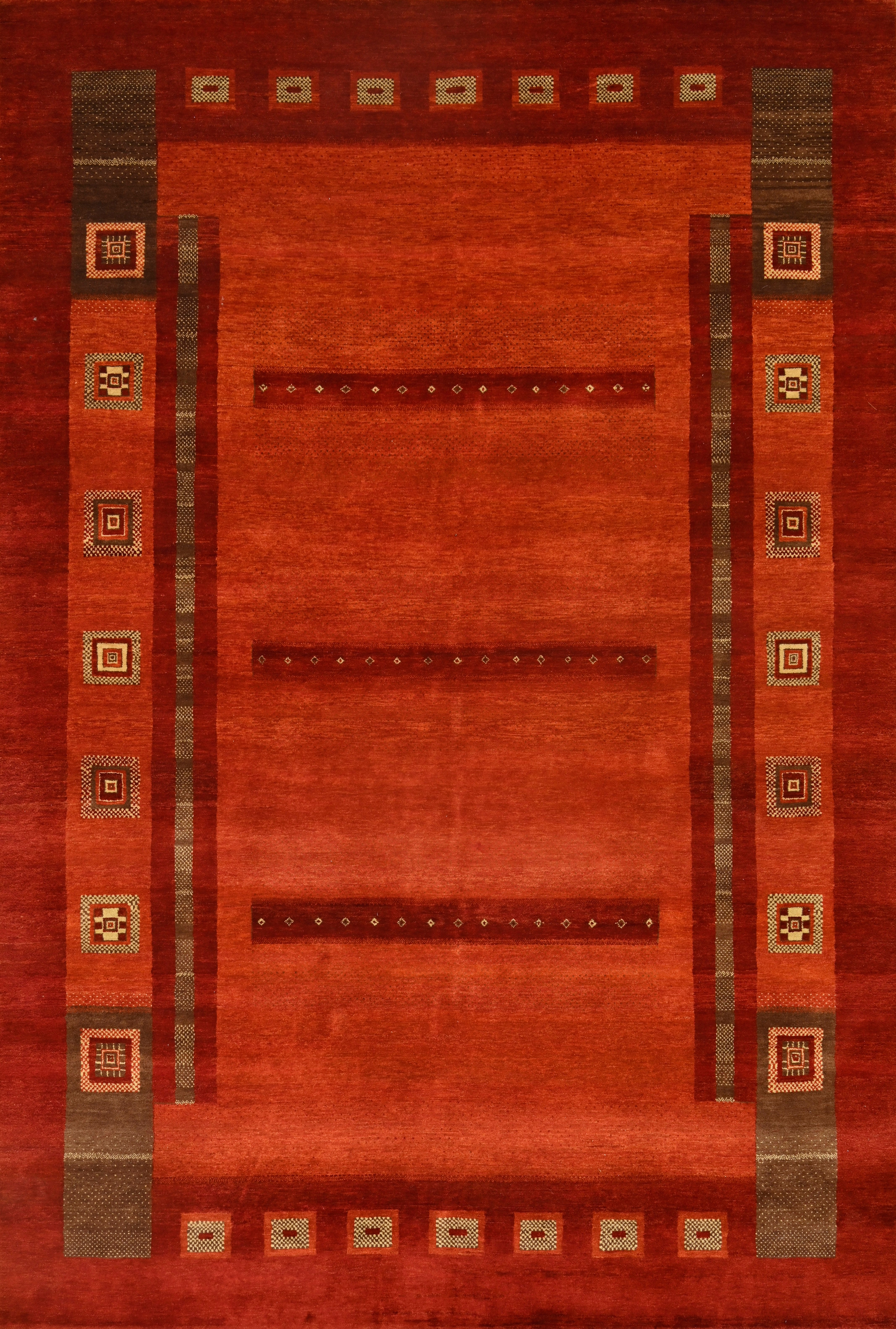 Handmade Contemporary Wool Rug in Deep Rust Red with Geometric Tribal Motifs For Sale