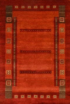 Handmade Contemporary Wool Rug in Deep Rust Red with Geometric Tribal Motifs