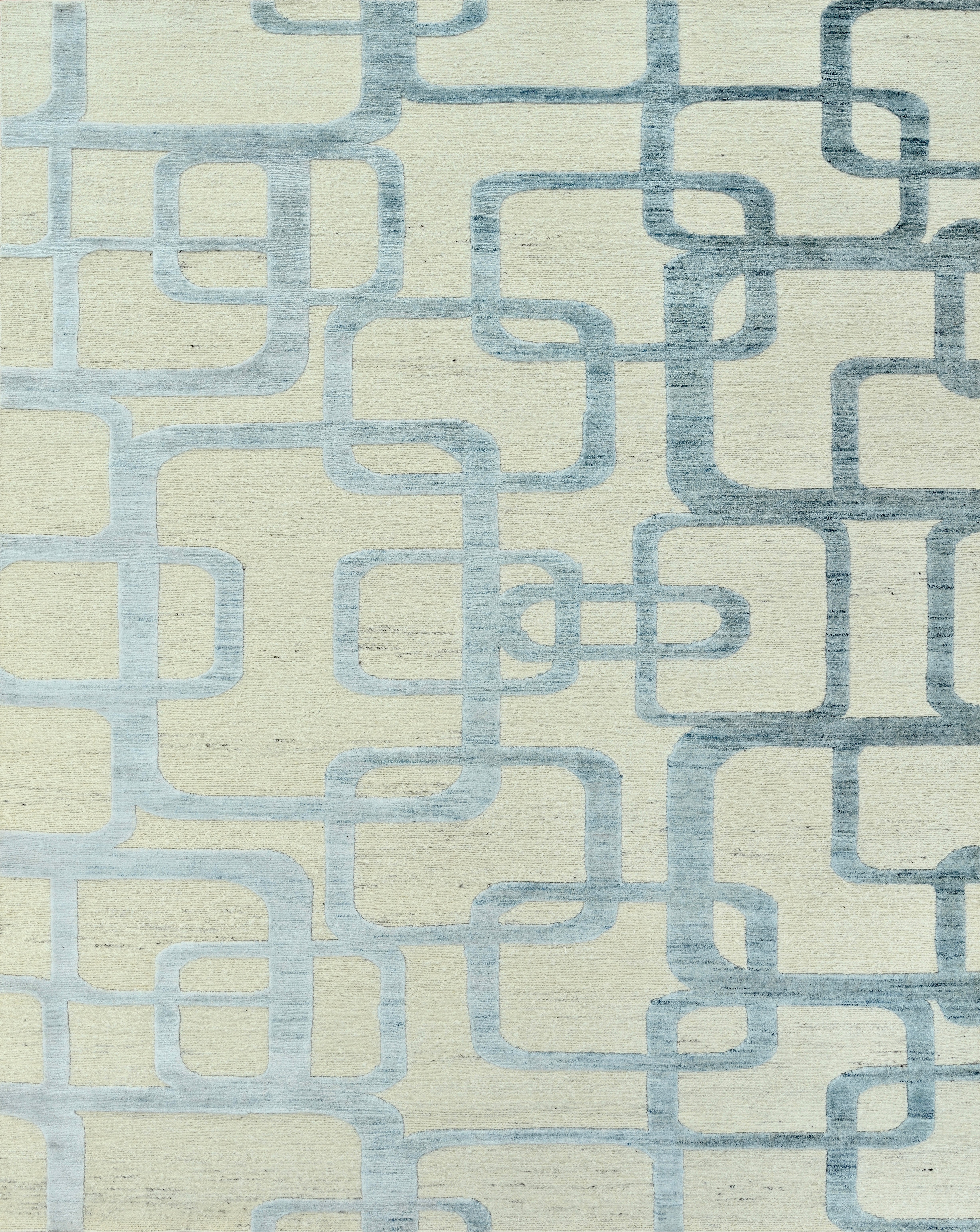 Handmade Contemporary Wool Rug in Ivory and Soft Blue with Geometric Pattern