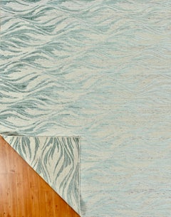 Handmade Contemporary Wool Rug in Ivory and Soft Green with Flowing Wave Design