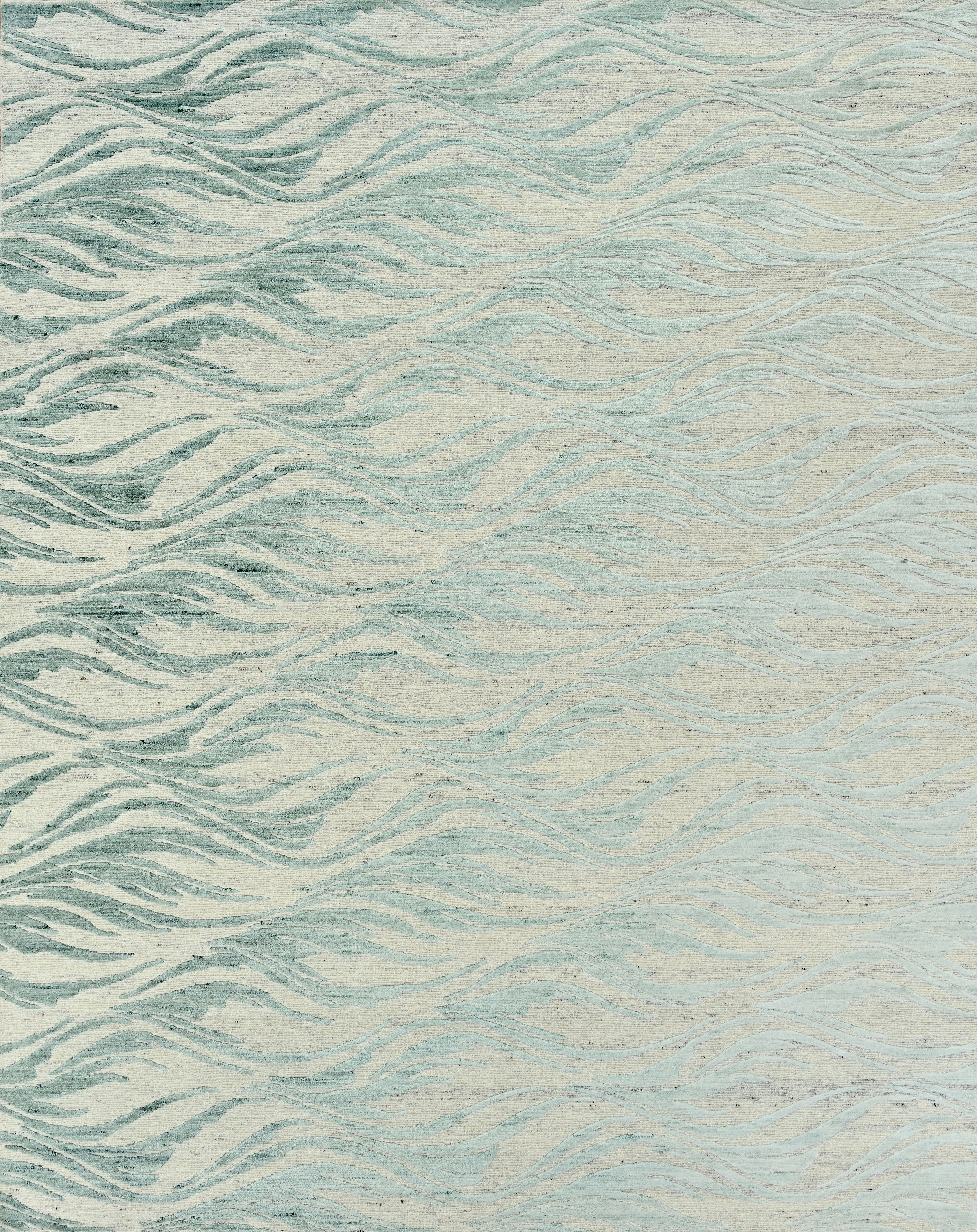Handmade Contemporary Wool Rug in Ivory and Soft Green with Flowing Wave Design