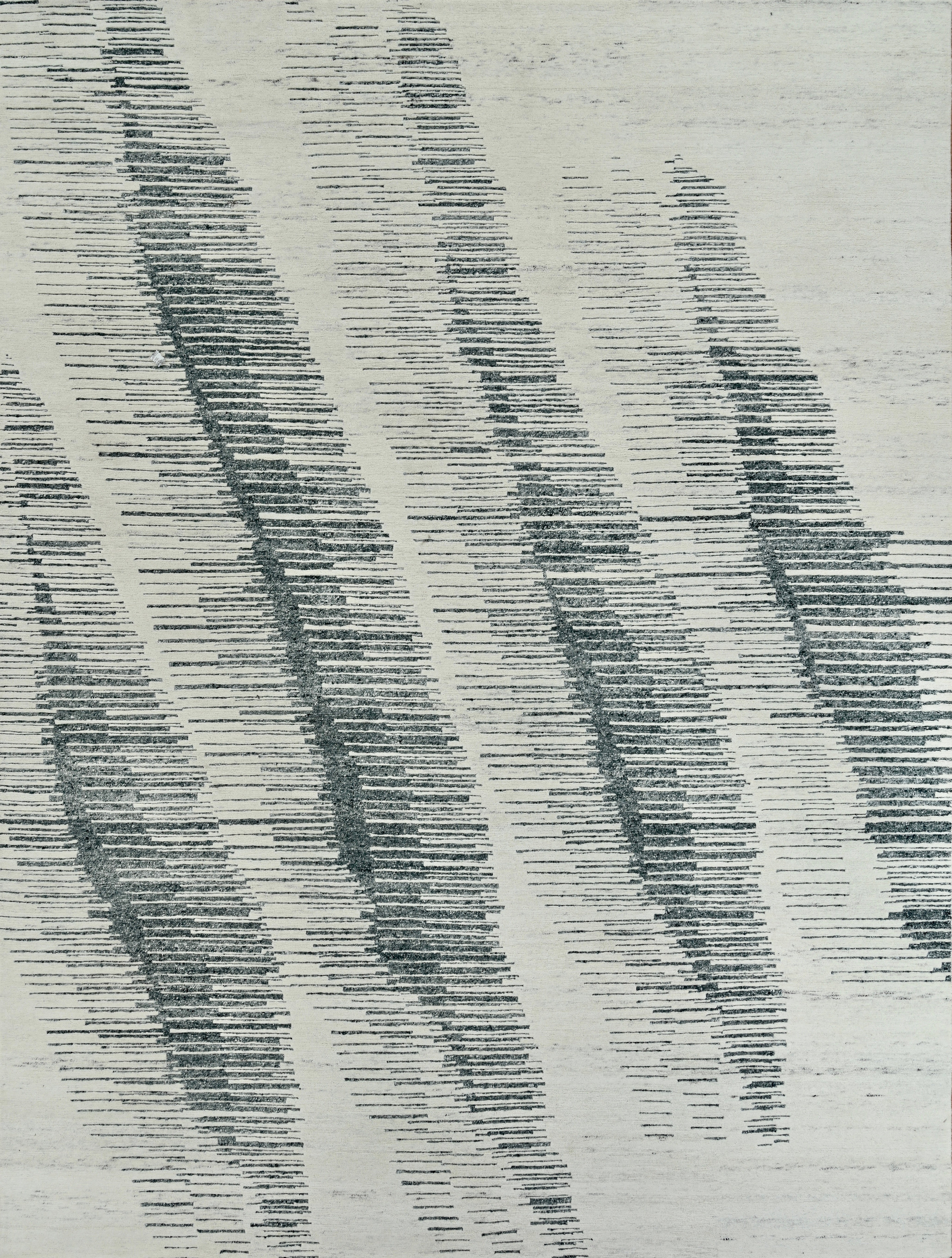 Handmade Contemporary Wool Rug in Ivory and Teal Blue with Abstract Wave Pattern
