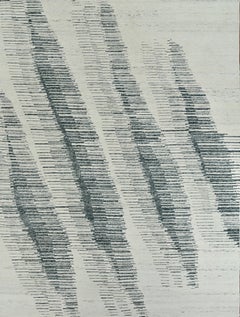 Handmade Contemporary Wool Rug in Ivory and Teal Blue with Abstract Wave Pattern