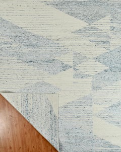 Handmade Contemporary Wool Rug in Ivory & Aqua Blue, Abstract Geometric Pattern