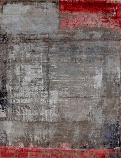 Handmade Contemporary Wool Rug in Pebble Grey, Bold Red Accents Abstract Design