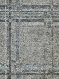Handgefertigter zeitgenössischer Wollteppich in weichem Grau mit blauen Akzenten Modernes Rasterdesign