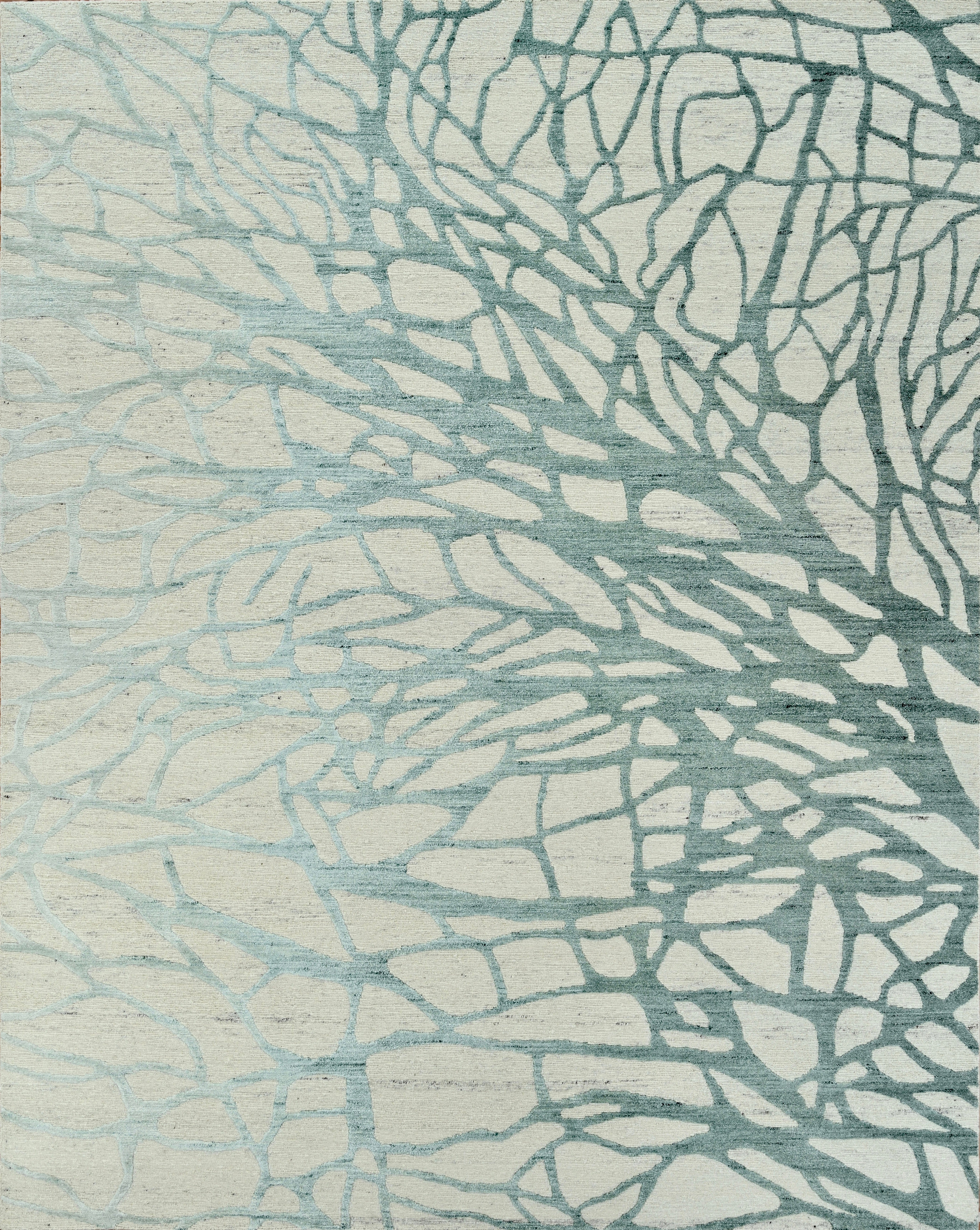 Handmade Contemporary Wool Rug Ivory & Soft Aqua Green, Abstract Organic Pattern