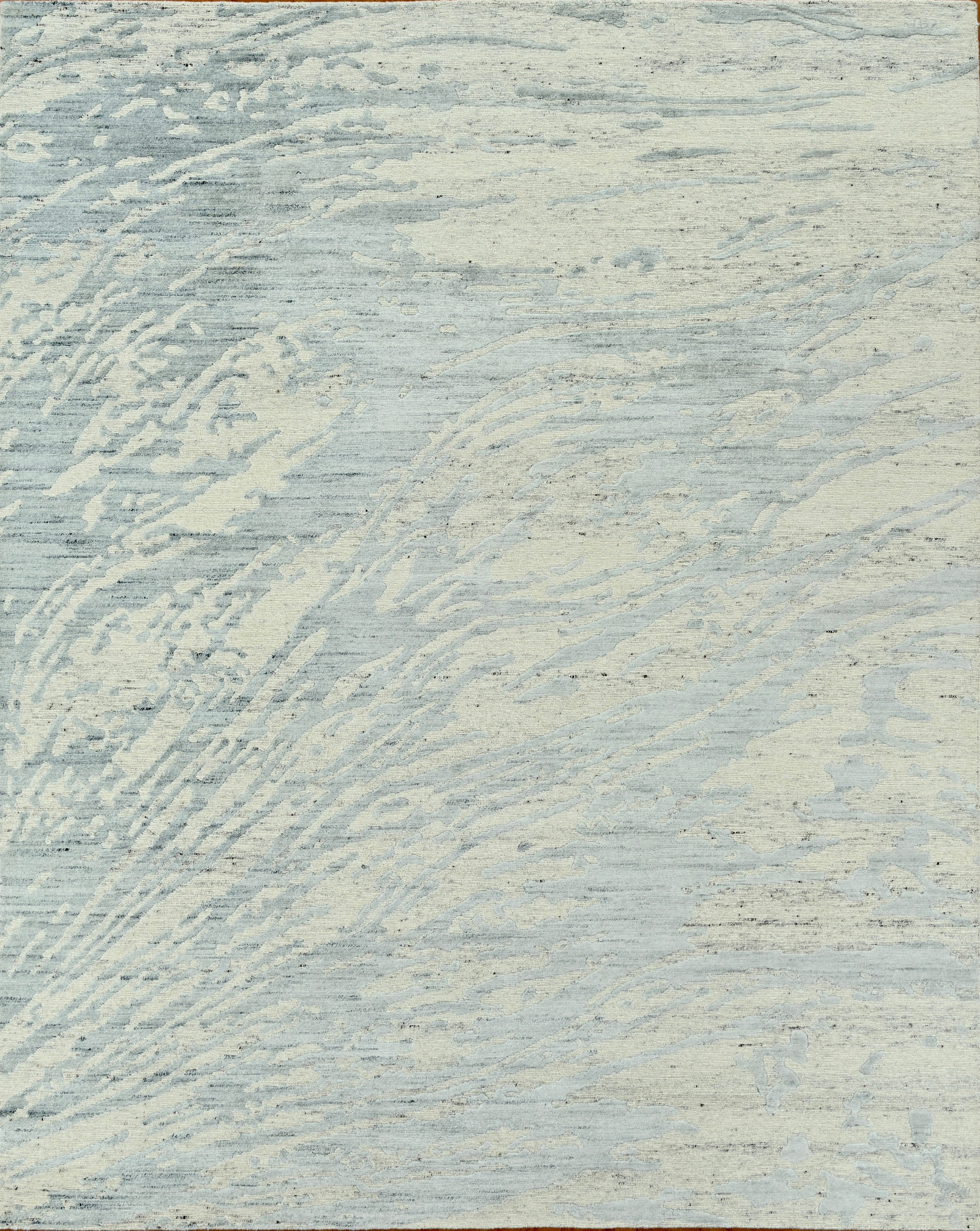 Handgefertigter zeitgenössischer Wollteppich Elfenbein & Weiches Blau Abstraktes Wasser-inspiriertes Design