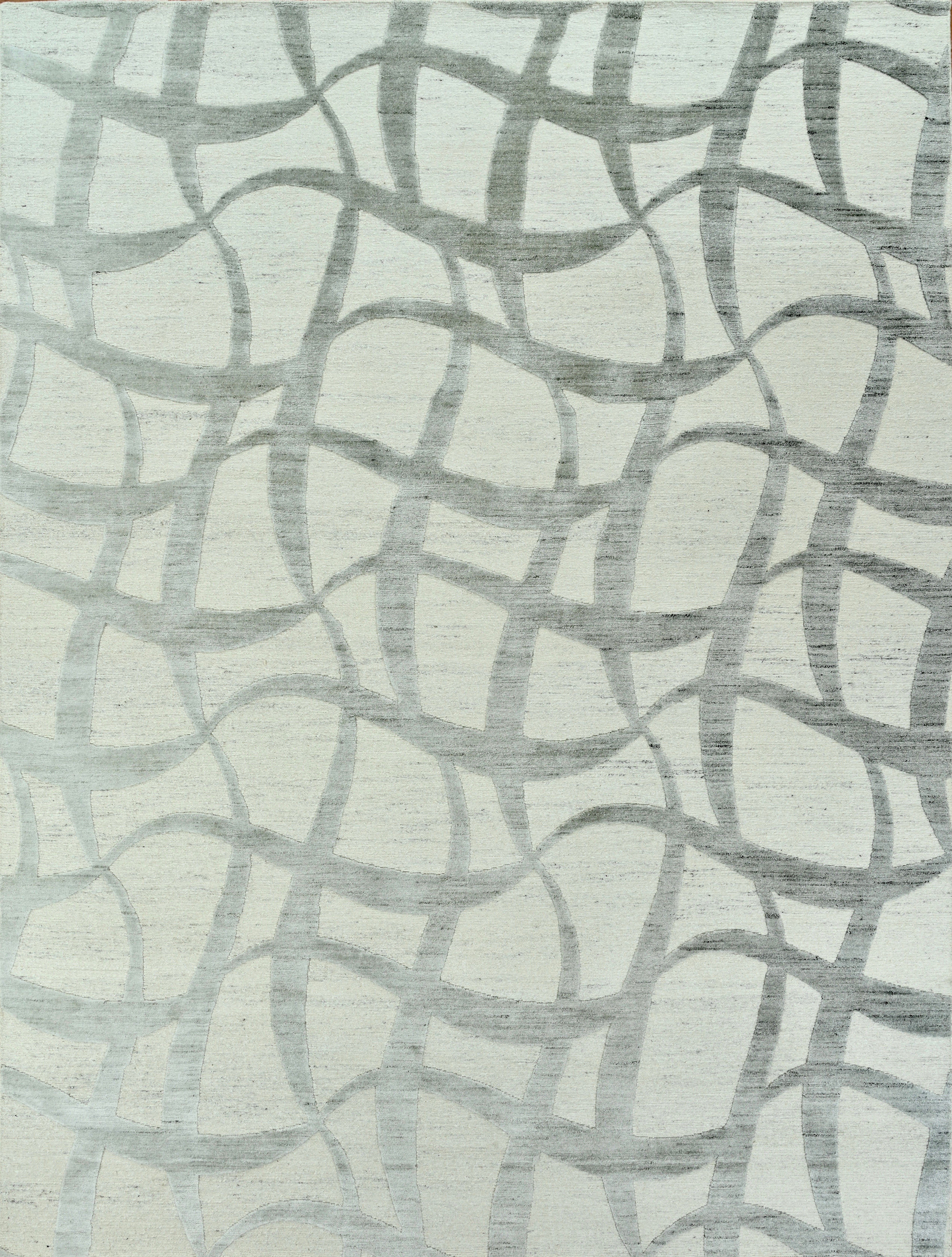 Handmade Contemporary Wool Rug Ivory & Soft Green, Abstract Curvilinear Pattern
