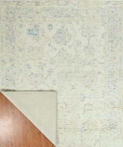 Handmade Contemporary Wool Rug Ivory with Soft Lilac & Blue Distressed Pattern