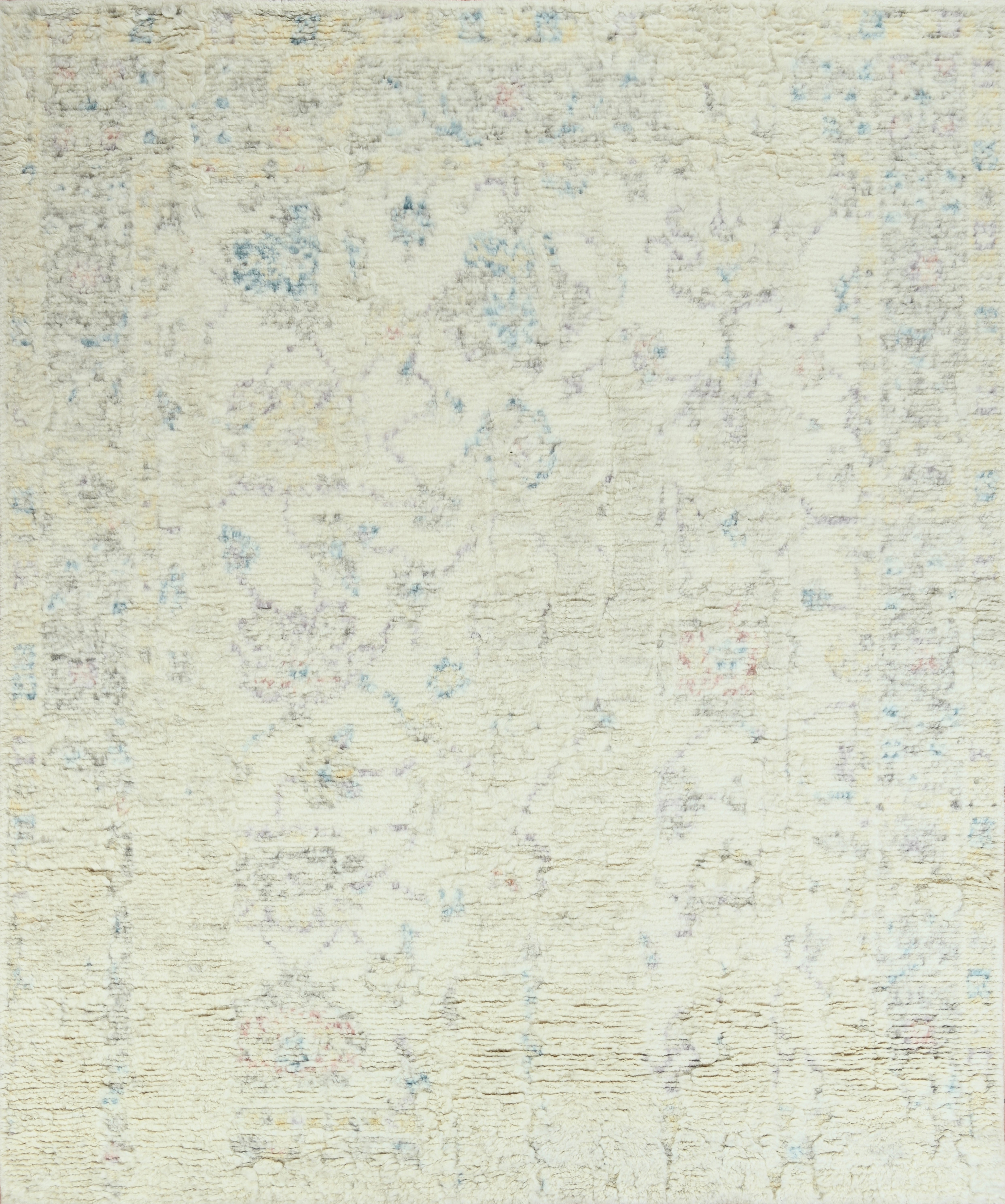 Handmade Contemporary Wool Rug Ivory with Soft Lilac & Blue Distressed Pattern For Sale