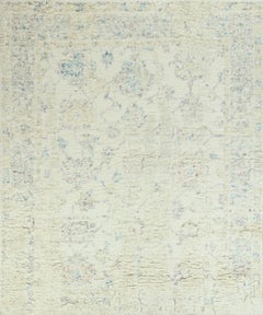 Handmade Contemporary Wool Rug Ivory with Soft Lilac & Blue Distressed Pattern
