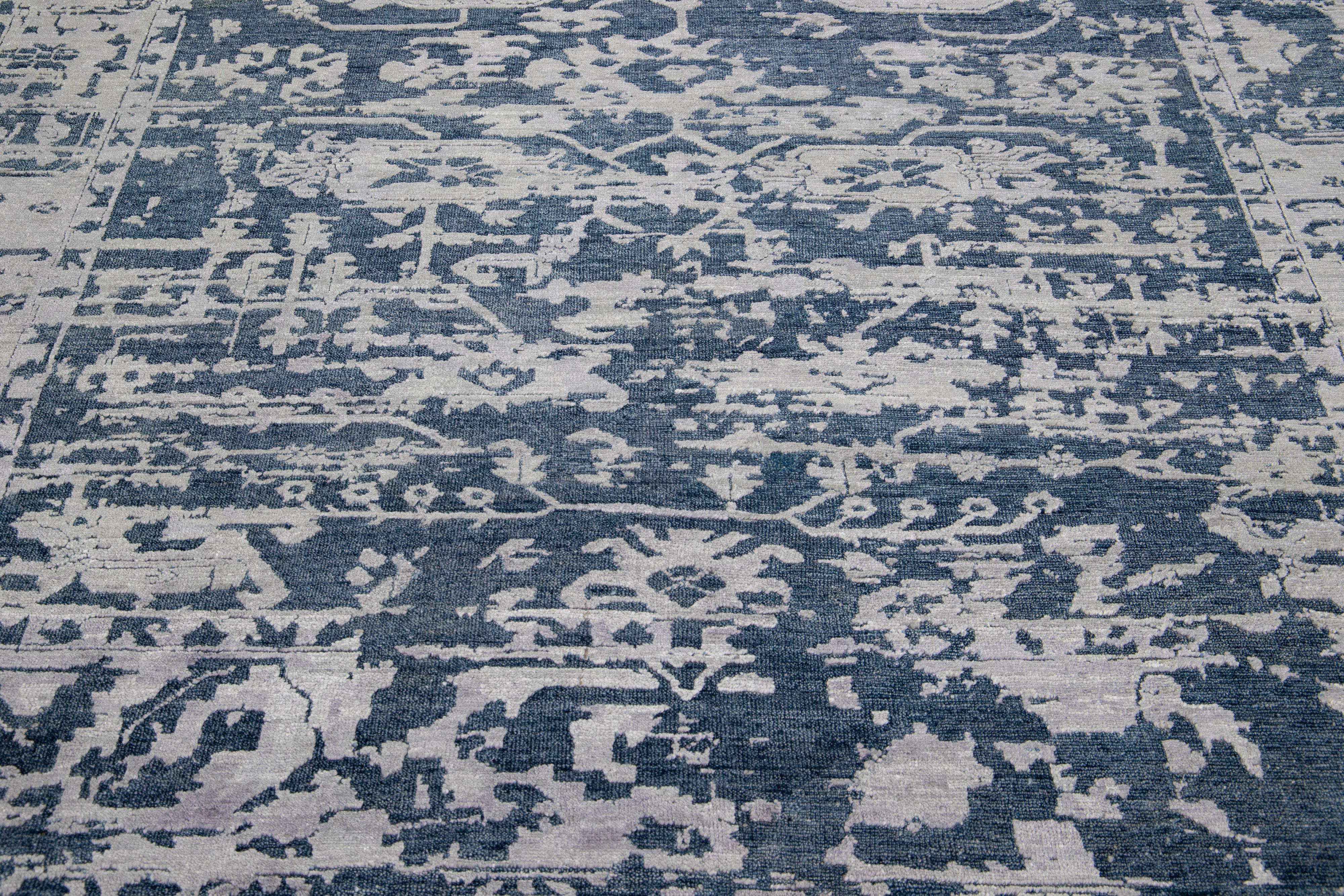 Handmade Contemporary Wool & Silk Abstract Rug with Blue & Gray Field In New Condition For Sale In Norwalk, CT