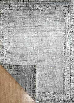 Handmade Contemporary Wool Silk Rug in Grey and Black with Minimal Border Design