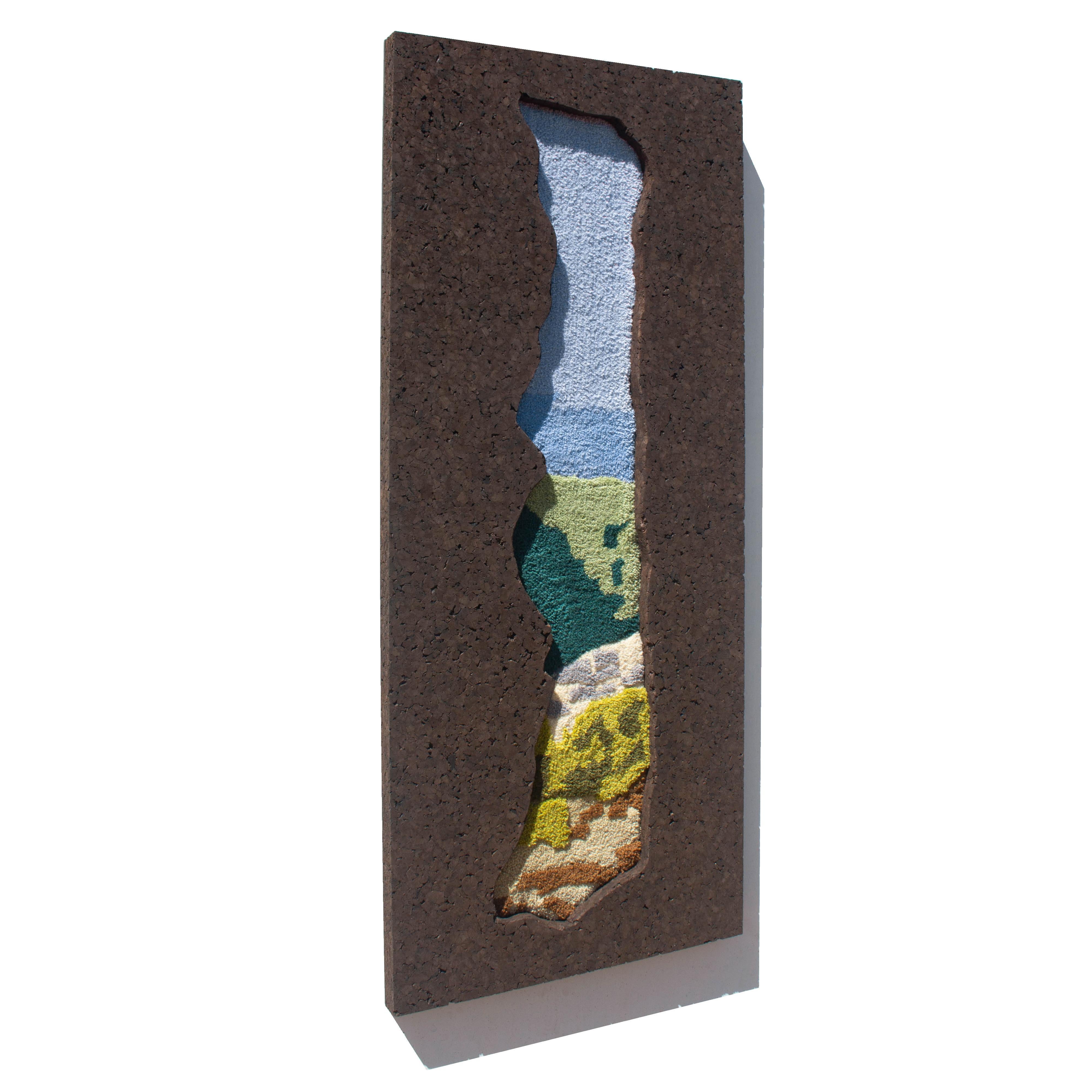 Hand-Carved Handmade Contemporary Wool Wall Tapestry, Portuguese Landscape, Black Cork Frame For Sale