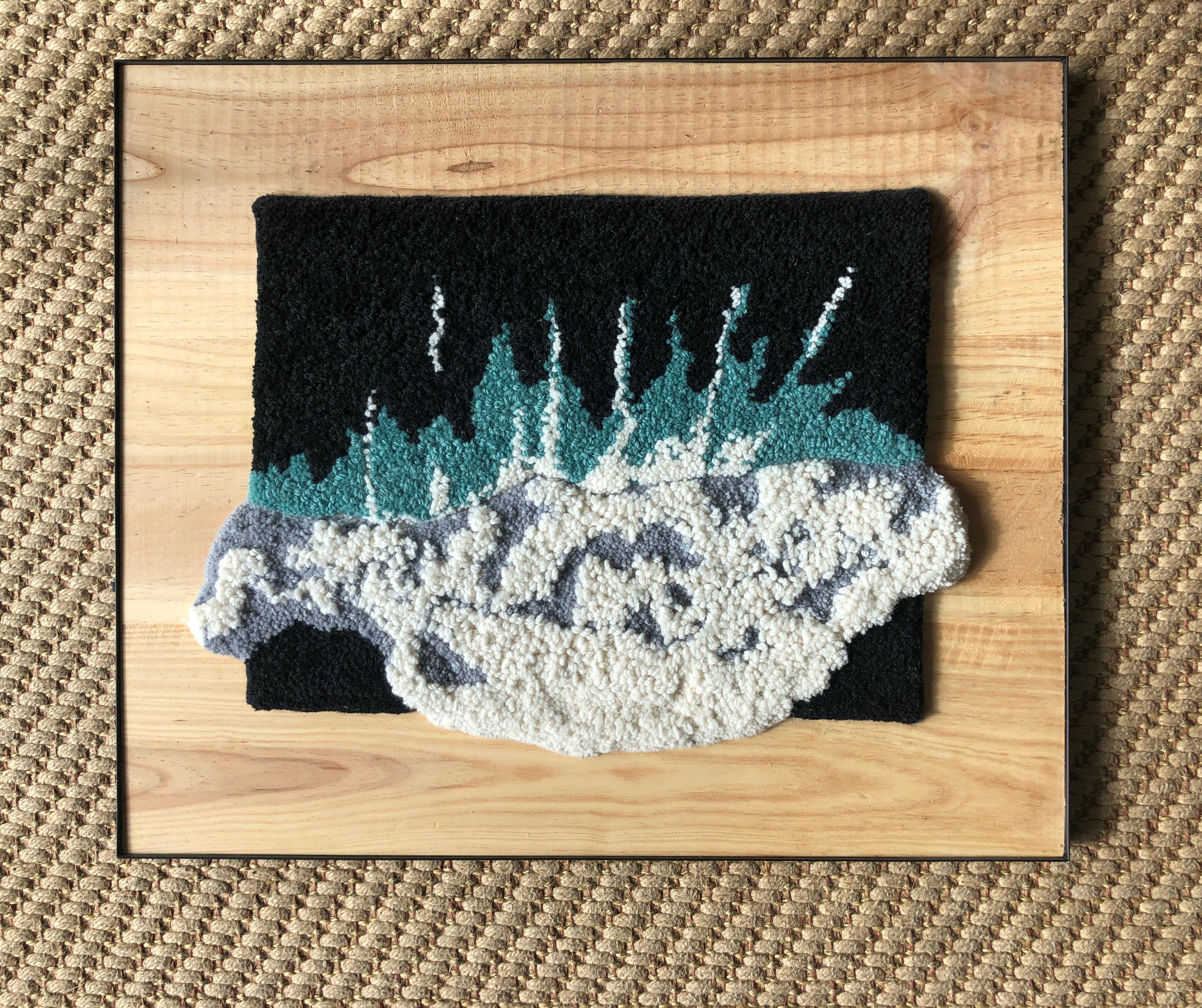 WAVE Tapestry, handmade with 100% Portuguese wool with anti-moth treatment, using punch needle embroidery and carving techniques on a pine frame. Inspired by the ocean, represents the fluid dynamic of a wave breaking moment. 

Estudio OHXOJA is a