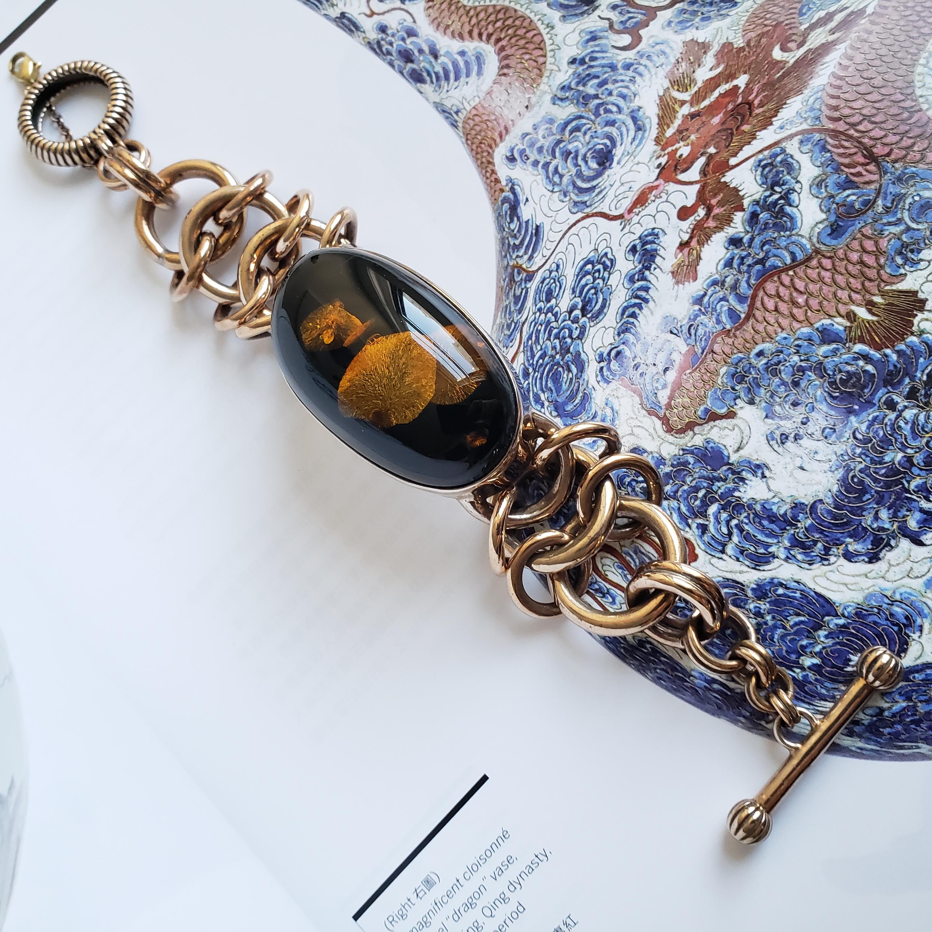 Handmade Copper & Amber Chain Bangle, Organic resonance meets structural grace For Sale 13