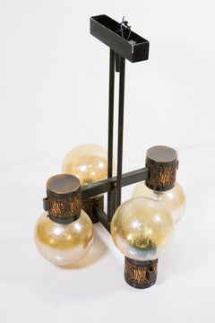 Lustre en cuivre fait à la main avec ampoules en verre, années 1970