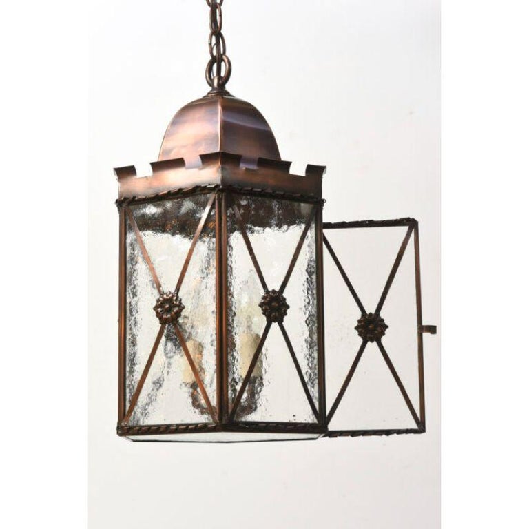 Handmade Copper Lantern with Textured Glass For Sale at 1stDibs
