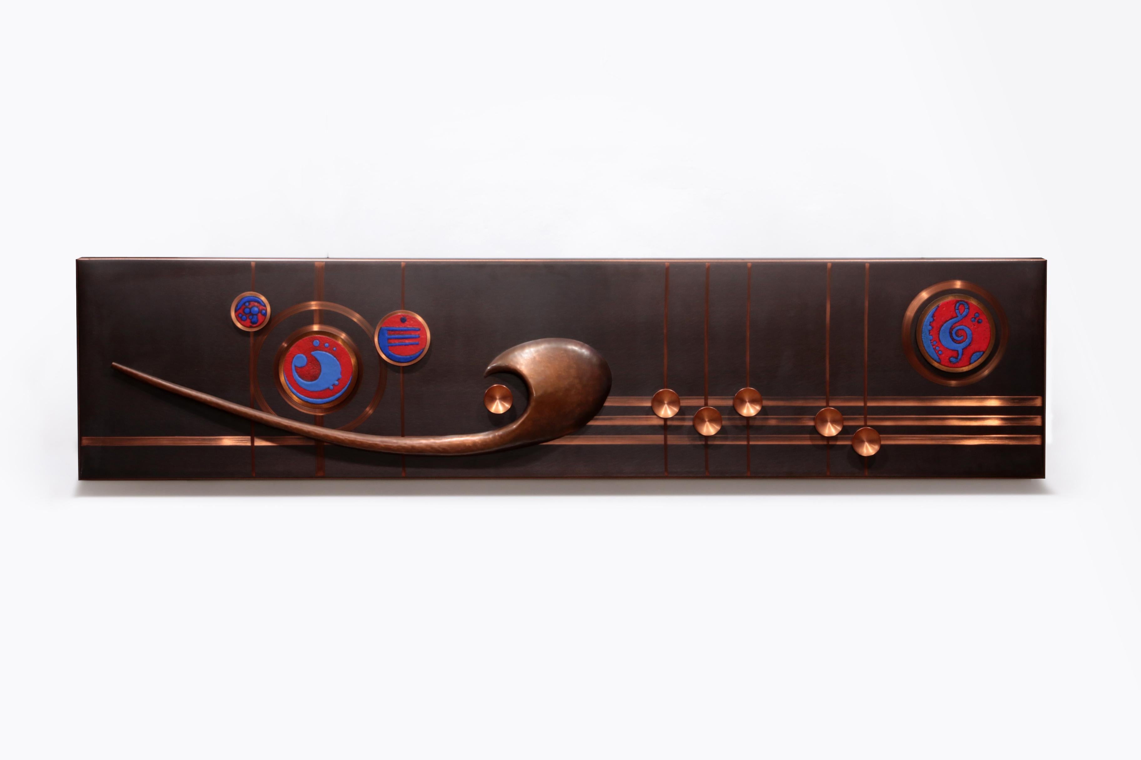 Mid-Century Modern Handmade Copper Wall Artwork with Enamel Details - Music Line Design For Sale