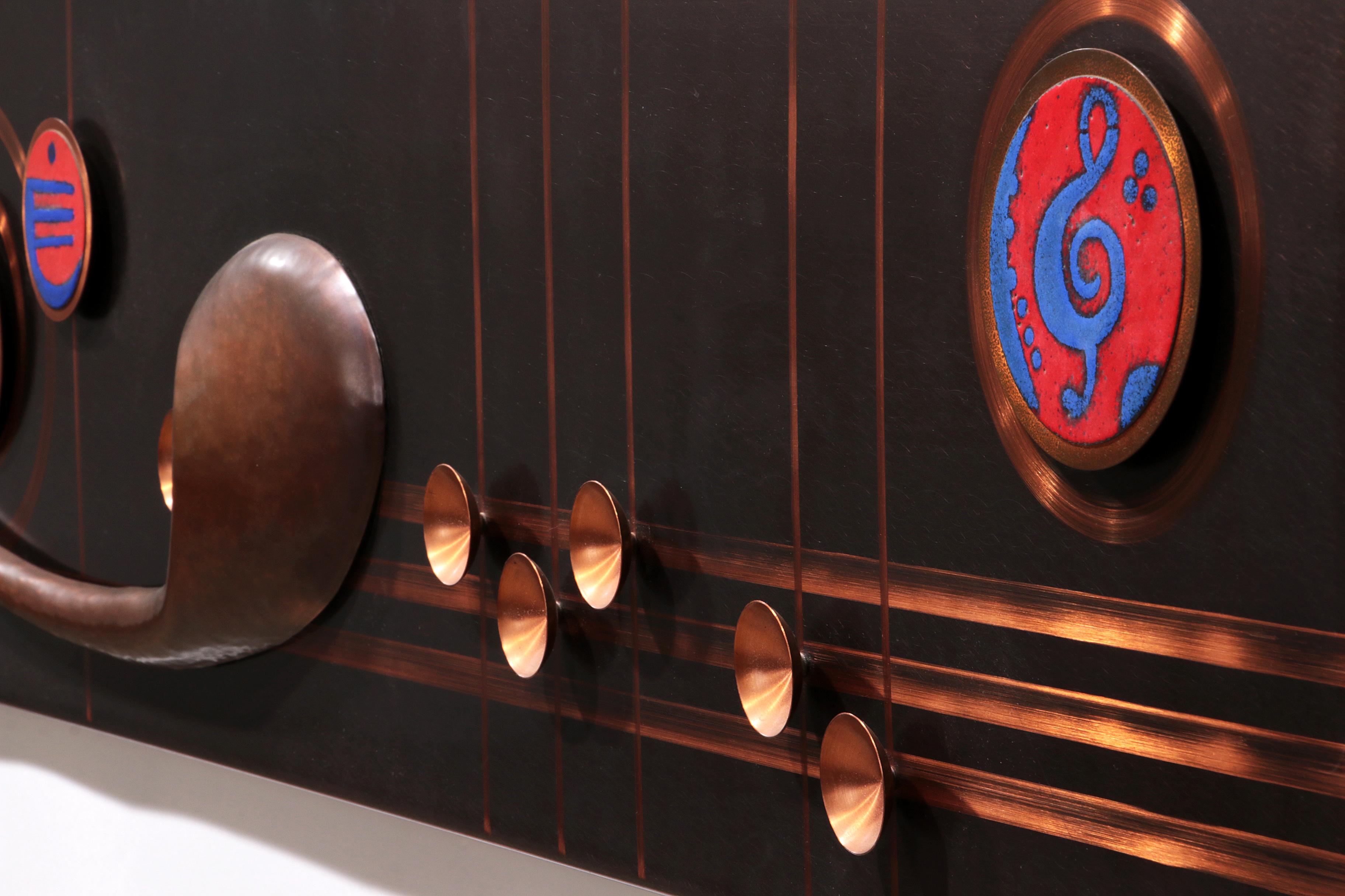 Handmade Copper Wall Artwork with Enamel Details - Music Line Design In Excellent Condition For Sale In Oirlo, LI