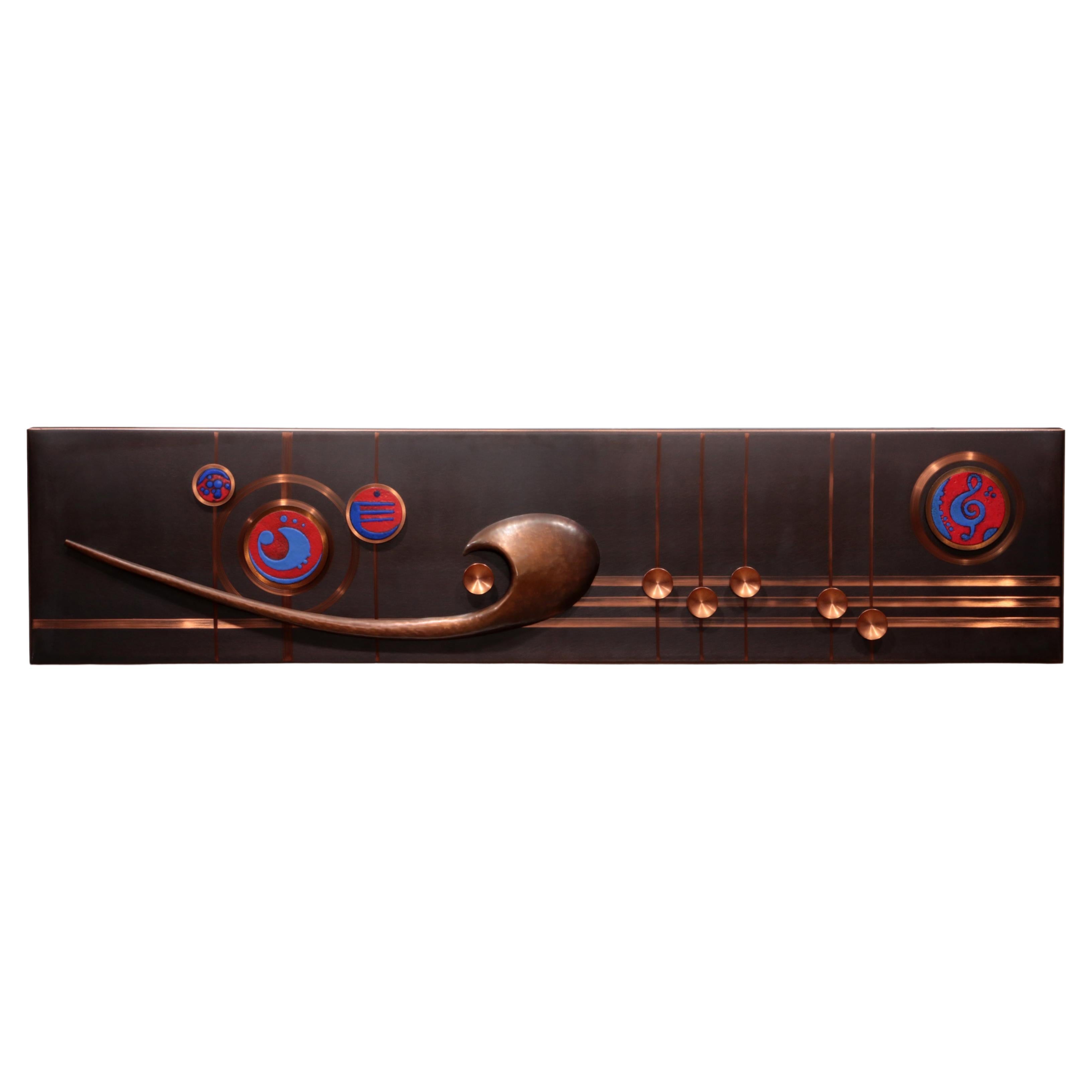 Handmade Copper Wall Artwork with Enamel Details - Music Line Design For Sale
