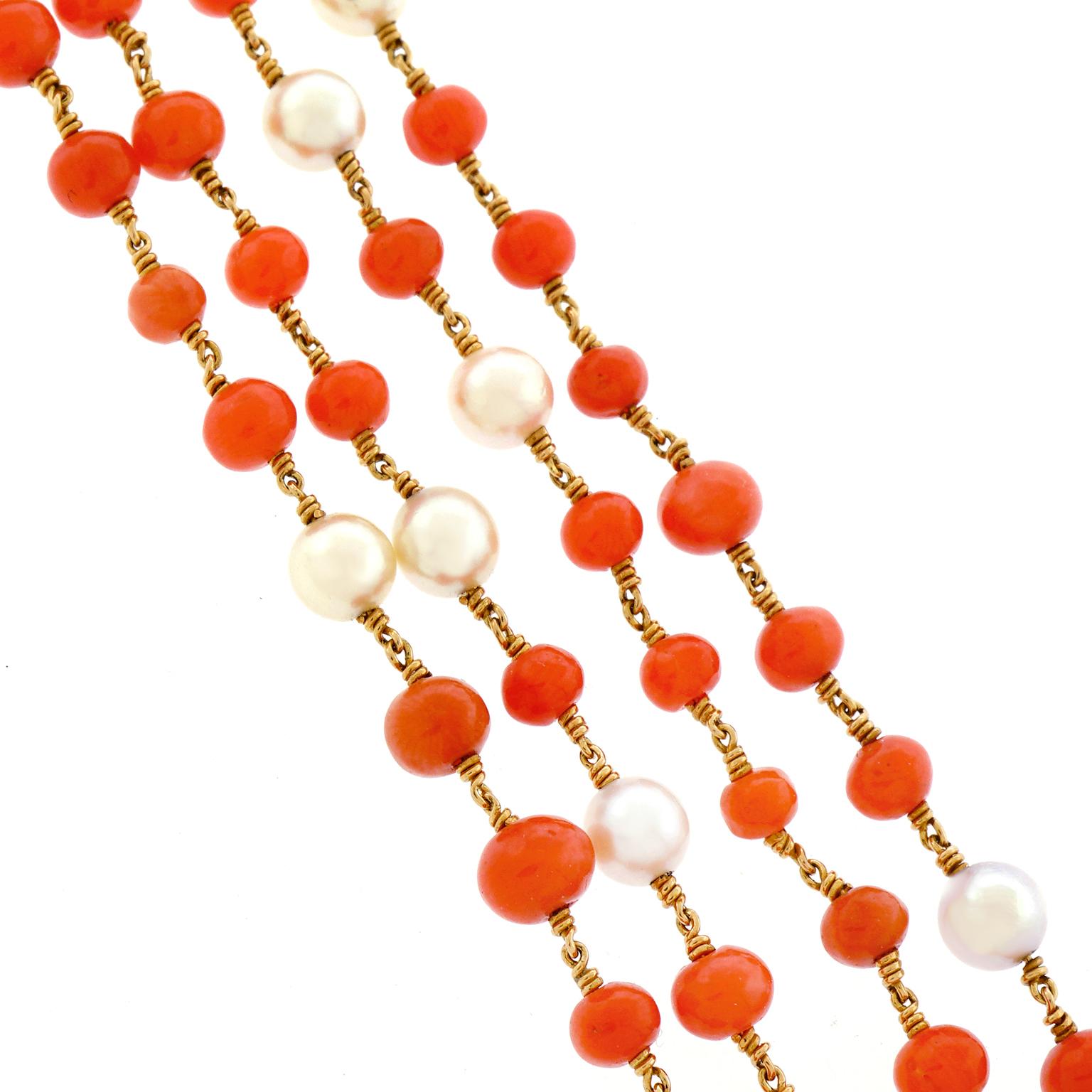 Women's Handmade Coral and Pearl Gold Necklace