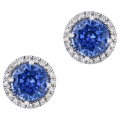 Handmade Cornflower Blue Sapphire Pave Diamond Stud Earrings
