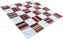 Tappeto a tessitura piatta in cotone fatto a mano, 10x10 Crema, Rosso, Verde Piastrella Indiana Dhurrie