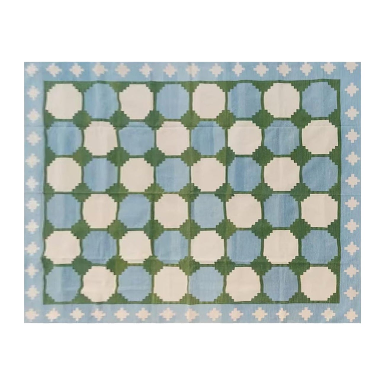 Handmade Cotton Area Flat Weave Rug, 10x10 Ft Blue And Green Tile Indian Dhurrie For Sale