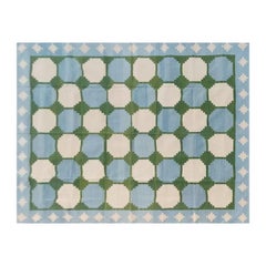 Tappeto a tessitura piatta in cotone fatto a mano, 10x10 Ft Blue and Green Tile Indian Dhurrie