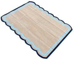 Handmade Cotton Area Flat Weave Rug, 10x14 Beige, Blue Scalloped Indian Dhurrie