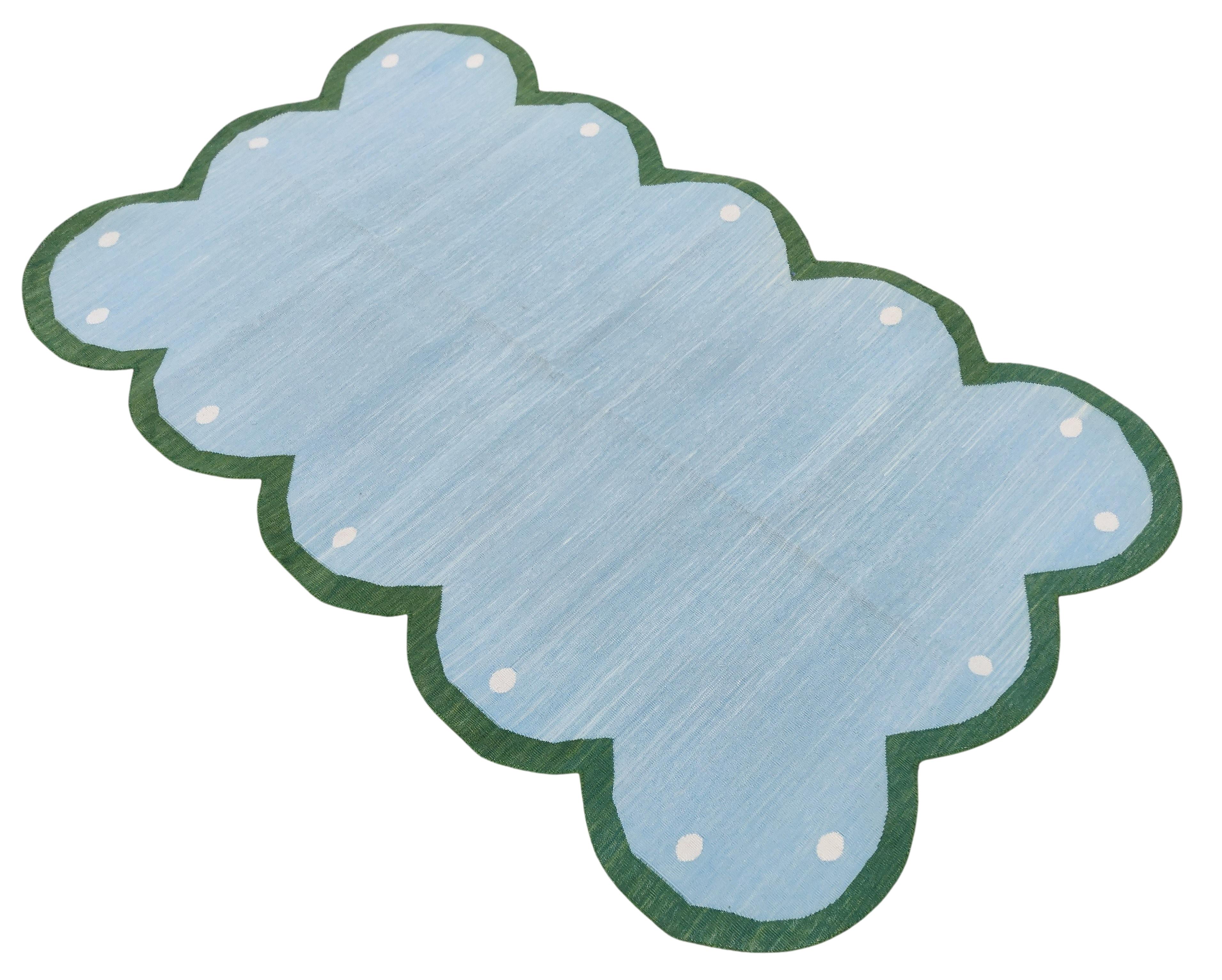 Cotton Vegetable Dyed Sky Blue & Forest Green Four Sided Scalloped Rug-10'x14' 
(Scallops runs on all 4 Sides)
These special flat-weave dhurries are hand-woven with 15 ply 100% cotton yarn. Due to the special manufacturing techniques used to create
