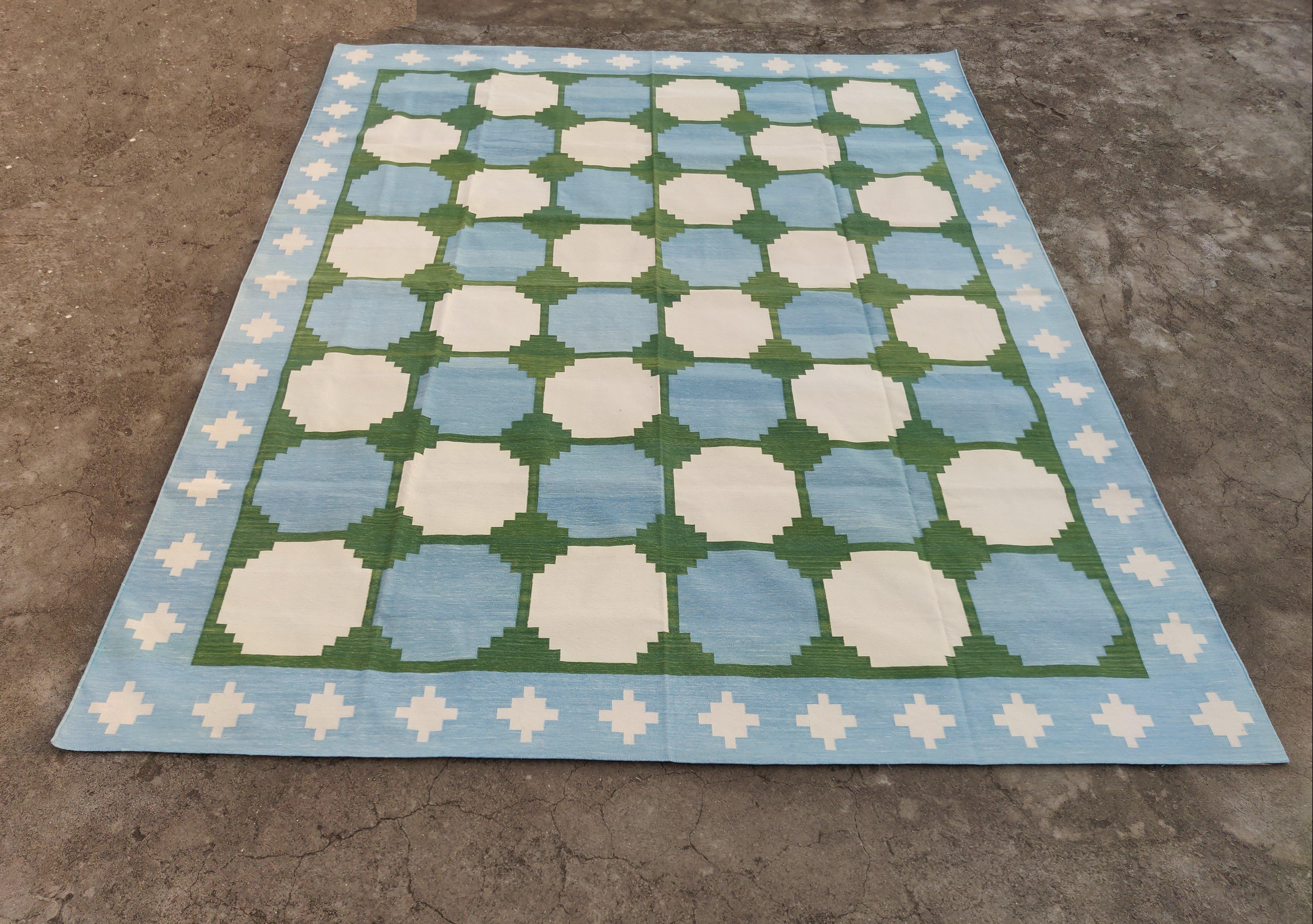 Handmade Cotton Area Flat Weave Rug, 10x14 Blue And Green Tile Indian Dhurrie For Sale 4