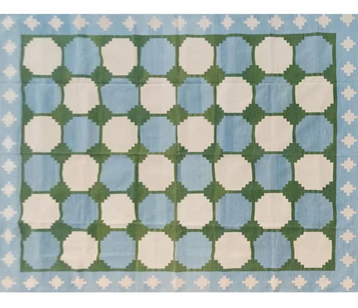 Mid-Century Modern Handmade Cotton Area Flat Weave Rug, 10x14 Blue And Green Tile Indian Dhurrie For Sale