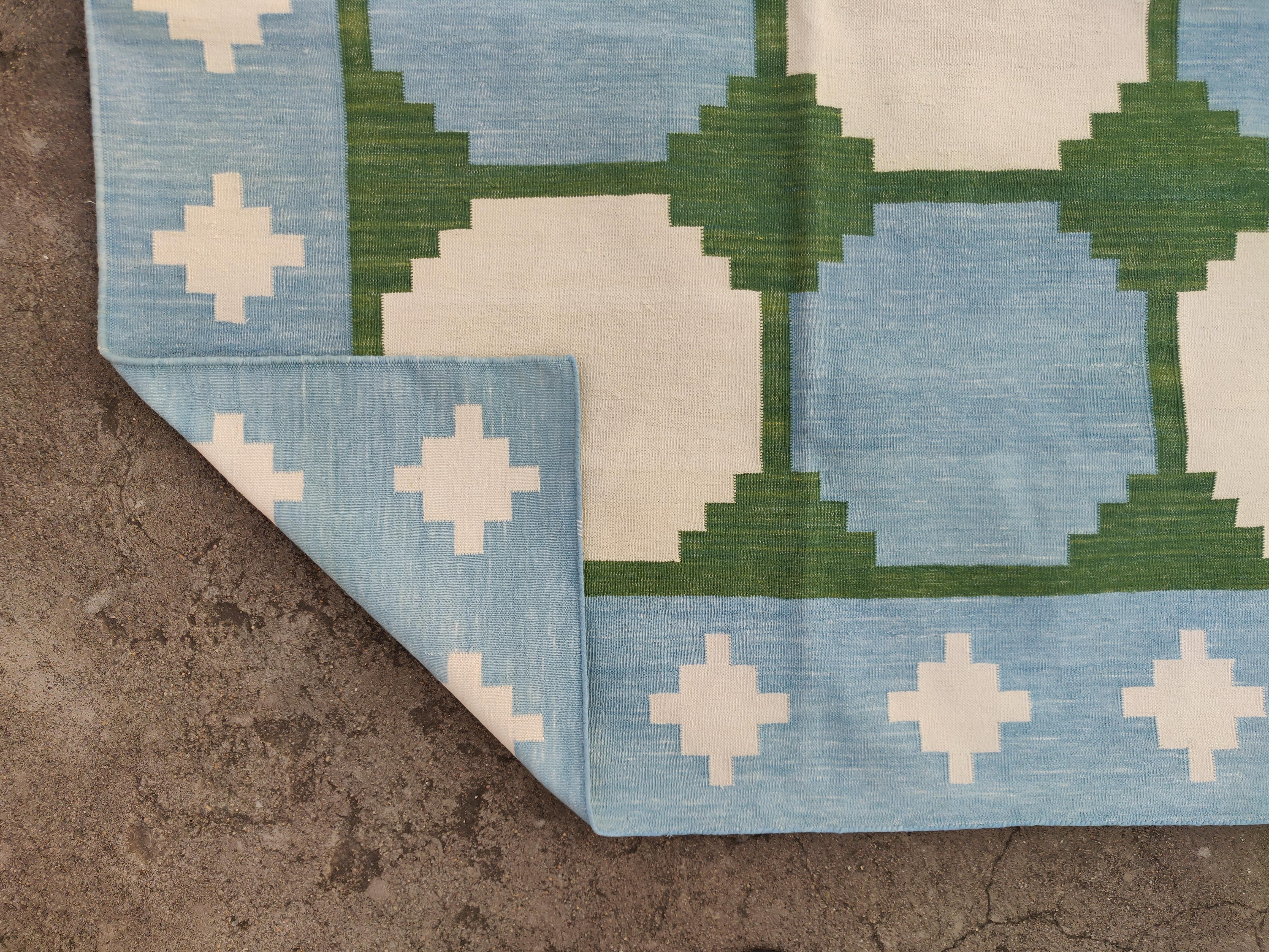 Handmade Cotton Area Flat Weave Rug, 10x14 Blue And Green Tile Indian Dhurrie For Sale 2